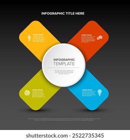 Plantilla de infografía cruzada multipropósito con gran centro y cuatro Elementos en rayas cruzadas de color, todo sobre fondo gris oscuro con sombra clara