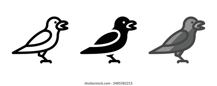 Multipurpose crow vector icon in outline, glyph, and filled outline style on white background.