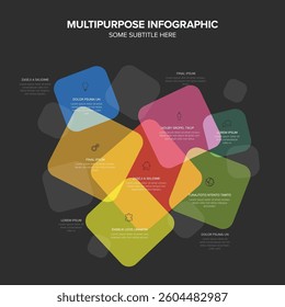 A multipurpose dark infographic with overlapping colorful shapes including orange, green, and blue squares. It features minimal icons, placeholder text, and a clean, professional layout.