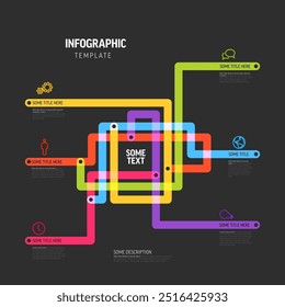 Modelo infográfico escuro multiúso com linhas de cor que faz alguns mapas abstratos e ícones com descrições todos em fundo preto