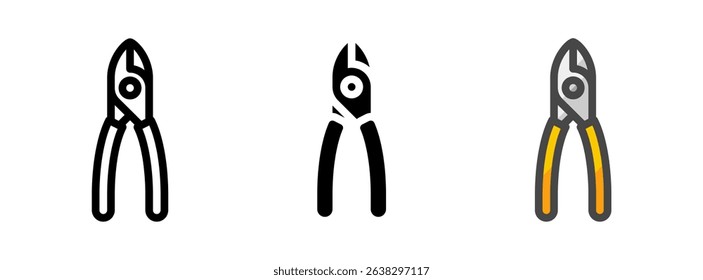 Multipurpose diagonal pliers vector icon in outline, glyph, filled outline style. Three icon style variants in one pack.