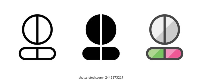 Multifunktionale Drogen Vektor-Symbol in Umriss, Glyphe, gefüllte Umriss-Stil. Drei Varianten im Symbolstil in einem Paket.
