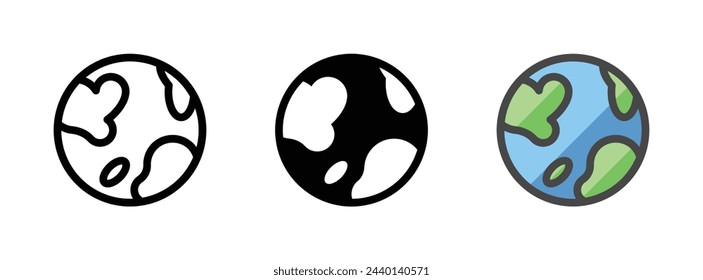 Multipurpose earth vector icon in outline, glyph, filled outline style. Three icon style variants in one pack.