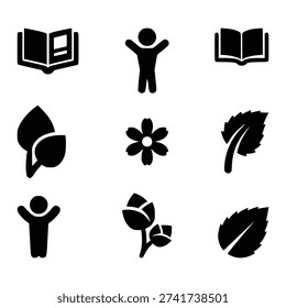Multipurpose education and nature icon pack with books people and floral elements