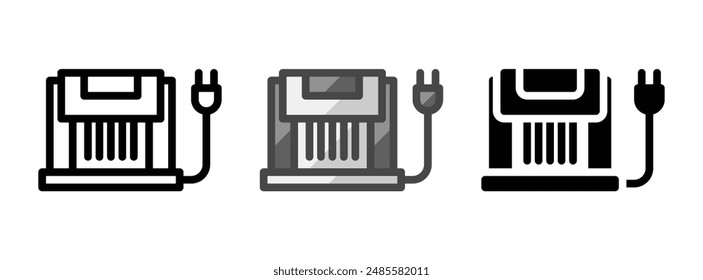 Icono de Vector multiusos del fabricante de fideos eléctrico en contorno, glifo, estilo de contorno lleno. Tres variantes de estilo de icono en un paquete.