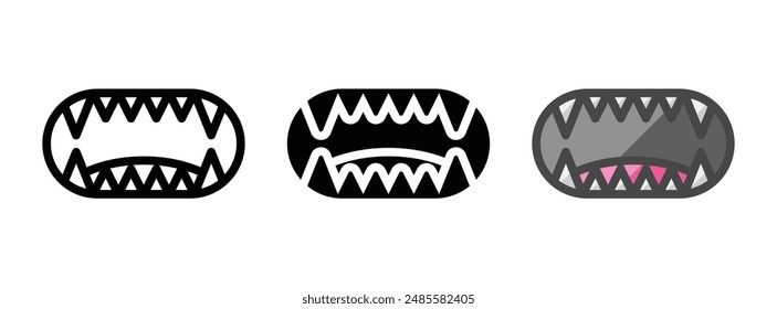 Multipurpose fangs vector icon in outline, glyph, and filled outline style on white background.