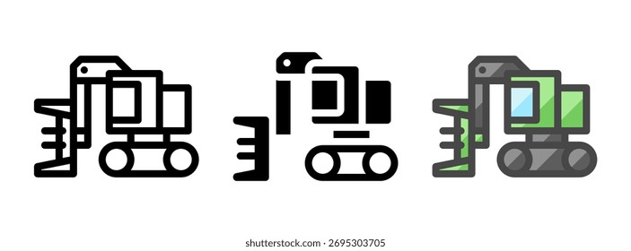 Icono de Vector de feller buncher multipropósito en contorno, glifo, estilo de contorno relleno. Tres variantes de estilo de icono en un paquete.