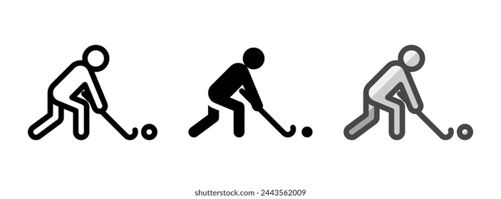 Icono de vector de hockey de campo multiusos en contorno, glifo, estilo de contorno relleno. Tres variantes de estilo de icono en un paquete.