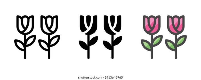 Mehrzweckblumen Vektorsymbol in Umriss, Glyphe, voller Umrissstil. Drei Icon-Varianten in einem Paket.