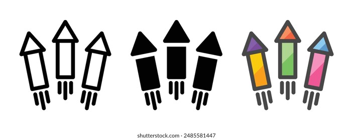 Multipurpose flying fireworks vector icon in outline, glyph, and filled outline style on white background.
