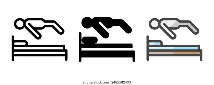 Multipurpose flying person vector icon in outline, glyph, and filled outline style on white background.