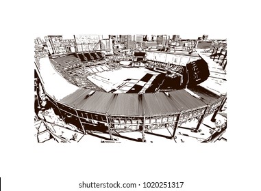 a multi-purpose football stadium in Baltimore, City in Maryland, USA. Hand drawn sketch illustration in vector.