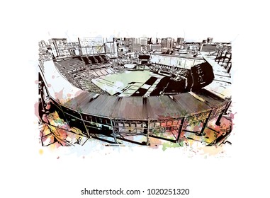 A multi-purpose football stadium in Baltimore, City in Maryland, USA. Watercolor splash with Hand drawn sketch illustration in vector.