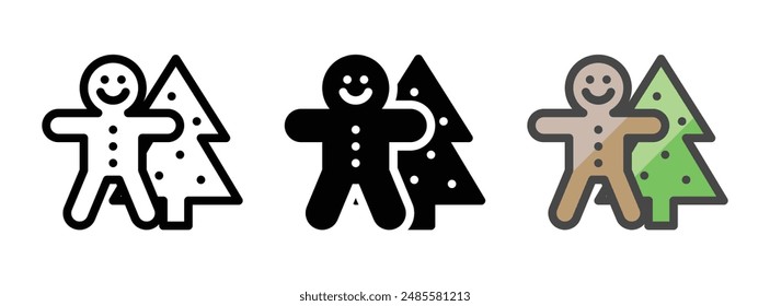 Multipurpose gingerbread and Christmas tree cookies vector icon in outline, glyph, filled outline style. Three icon style variants in one pack.