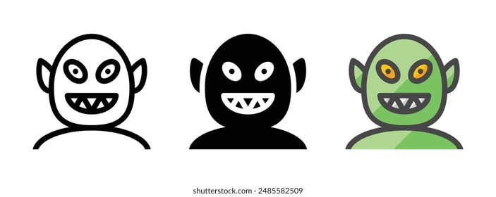 Multipurpose goblin vector icon in outline, glyph, and filled outline style on white background.