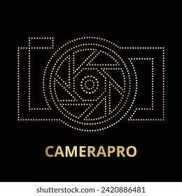Multipurpose golden color camera outline dot icons logo design template. Photography logo. Vector illustration with black background.