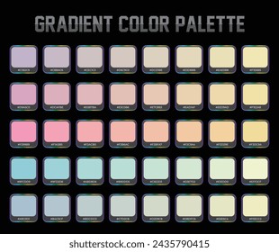 Multipurpose gradient color palette catalog samples in rgb hex. example of a color palette collection. Black background.