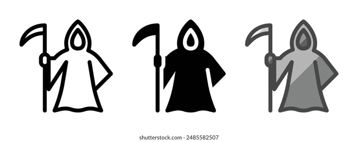 Multipurpose Grim Reaper vector icon in outline, glyph, and filled outline style on white background.