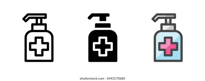 Multipurpose hand sanitizer vector icon in outline, glyph, filled outline style. Three icon style variants in one pack.