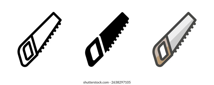 Multipurpose hand saw vector icon in outline, glyph, filled outline style. Three icon style variants in one pack.