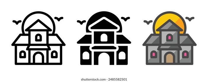 Multipurpose haunted house vector icon in outline, glyph, and filled outline style on white background.