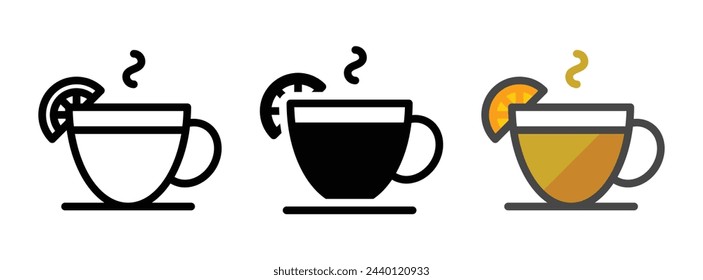 Multipurpose hot lemon tea vector icon in outline, glyph, filled outline style. Three icon style variants in one pack.