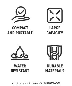 Multipurpose icons set for labeling of bag, box or packaging - Large Capacity, Compact and Portable, Durable Materials, Water resistant. Pictograms for labeling in bold line