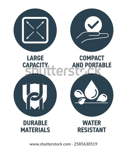 Multipurpose icons set for labeling of bag, box or packaging - Large Capacity, Compact and Portable, Durable Materials, Water resistant. Pictograms for labeling in monochrome style and circular shape