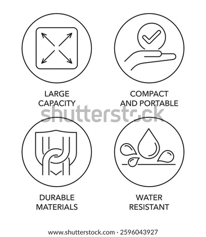 Multipurpose icons set for labeling of bag, box or packaging - Large Capacity, Compact and Portable, Durable Materials, Water resistant. Pictograms for labeling in thin line