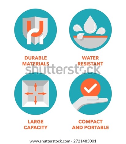 Multipurpose icons set for labeling of bag, box or packaging - Large Capacity, Compact and Portable, Durable Materials, Water resistant. Pictograms for labeling in monochrome style