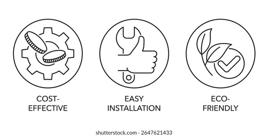 Multi-purpose icons set for many types of production - Cost-effective, Easy installation, Eco-friendly. Pictograms for labeling in thin line and circular shape