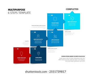 Infografía multipropósito con seis pasos de bloque de color cuadrado azul sobre fondo blanco. Infografía simple para las instrucciones de su guía