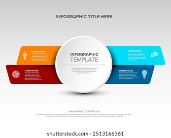 Plantilla multiusos de la infografía con el centro grande y cuatro Elementos en rayas rojas y azules todo en el fondo blanco con la sombra ligera