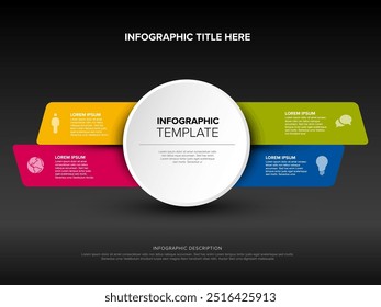 Plantilla de infografía multiusos con centro grande y cuatro Elementos en rayas de color, todo sobre fondo gris oscuro con sombra clara