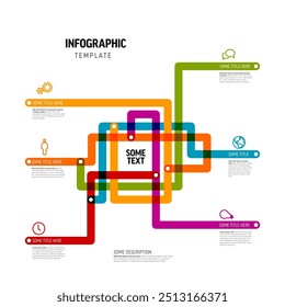 Plantilla de infografía multipropósito con líneas de color que hace algunos mapas abstractos e íconos con descripciones sobre fondo blanco