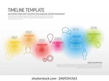 Plantilla infográfica multipropósito con manchas transparentes de color, descripción e íconos. Plantilla infográfica para la visualización de datos o línea de tiempo colorida.