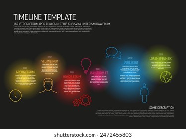 Plantilla infográfica multipropósito con manchas de luz transparente de color sobre fondo oscuro con descripción e íconos. Plantilla infográfica para la visualización de datos o línea de tiempo colorida.