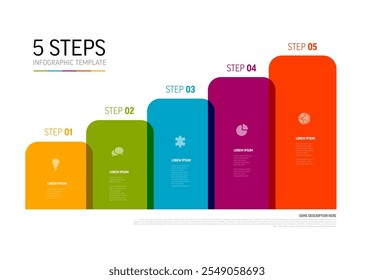 Plantilla de infografía multiusos con cinco colores del arco iris pasos de bloque semitransparentes con descripción e íconos. Plantilla de diseño para el gráfico de información de progreso de pasos