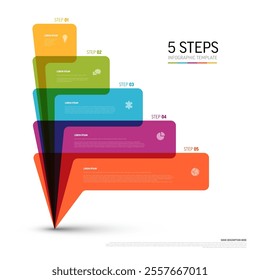 Multipurpose infographic template with five rainbow colors semi transparent speech bubbles block steps with description and icons. Layout template for step progress infochart