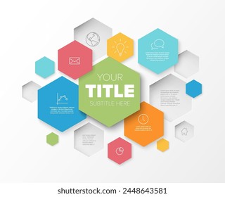 Plantilla infográfica multipropósito con íconos y Elementos de información colocados en varias Formas hexagonales en colores pastel. Plantilla de infochart multipropósito