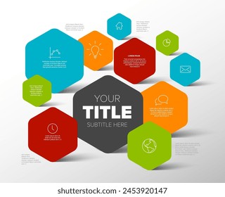 Plantilla infográfica multipropósito con íconos y Elementos de información colocados en varias Formas hexagonales de pie en colores arcoíris. Plantilla de infochart multipropósito