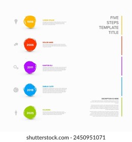 Infografía multipropósito Vertical arco iris línea de tiempo Plantilla hecha de manchas de pincel de color con grandes números de año iconos y breve descripción de la muestra. Plantilla de línea de tiempo de infochart