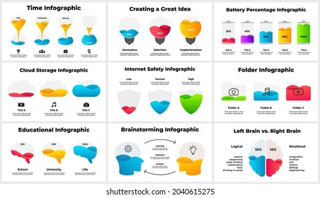 Multipurpose infographics pack. Presentation slide template. Human head and brain. Digital internet banners with cloud, folder, battery and safety icons. Light bulb. 