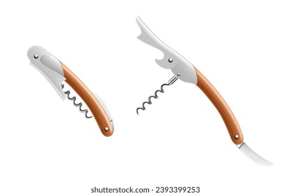 Multipurpose knife. Opened sommeliers knife with corkscrew and bottle opener, waiter's knife professional, isolated on white background. Knife for opening wine. Realistic 3d vector illustration.