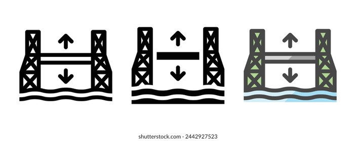 Icono de vector de puente elevador multipropósito en estilo de contorno, glifo, contorno relleno. Tres variantes de estilo de icono en un paquete.