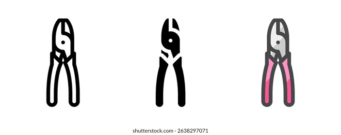 Multipurpose lineman's pliers vector icon in outline, glyph, filled outline style. Three icon style variants in one pack.