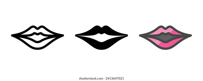 Icono de vector de labios multipropósito en contorno, glifo, estilo de contorno relleno. Tres variantes de estilo de icono en un paquete.