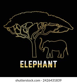 Multipurpose luxury golden color african wild elephant with tree outline dot icons logo design template. Vector illustration with black background.