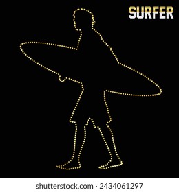 Multipurpose luxury golden color brave surfer outline dot icons logo design template. Vector illustration with black background.