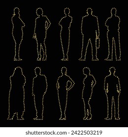 Multipurpose luxury golden color business people outline dot icons logo design template. Vector illustration with black background.